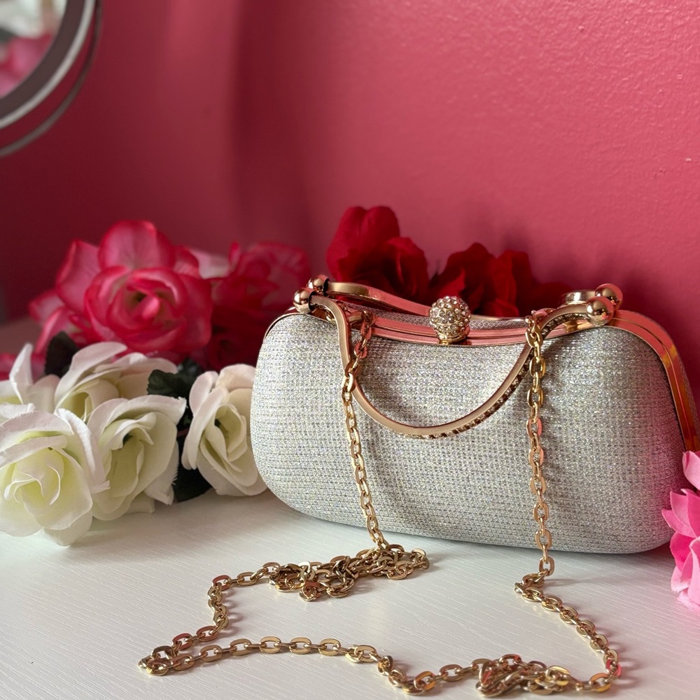 Elegant Silver Evening Clutch with Gold Chain - Picture 2 of 5